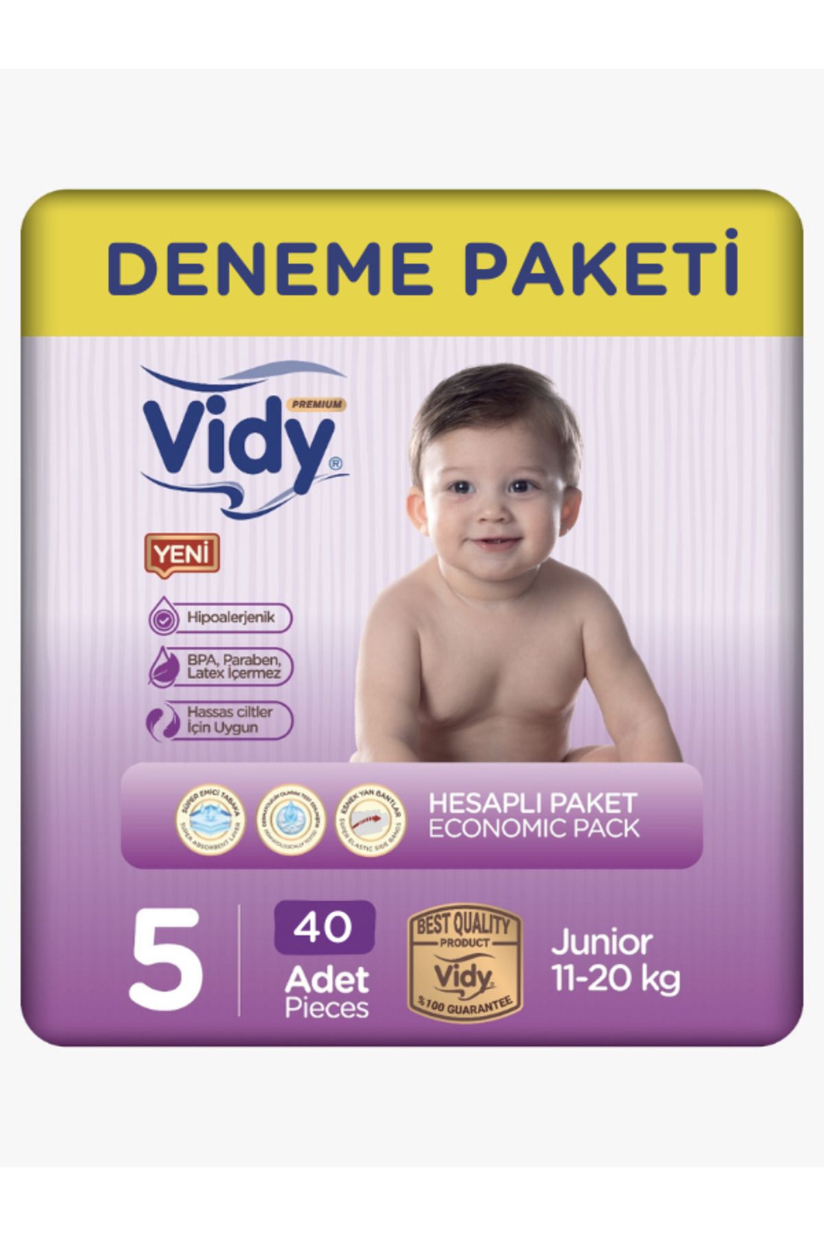 Vidy 5 Numara Bebek Bezi Junior Premium 40 Adet Jumbo Ekonomik /11-20 Kg/sızdırmaz Emici Hipoalerjenik