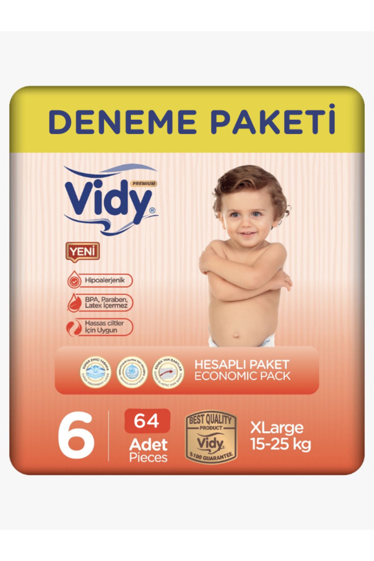 Vidy Bebek Bezi 6 Numara X-large Premium 64 Adet 32x2 Paket Ekonomik/15-25 Kg/ Sızdırmaz Hipoalerjenik