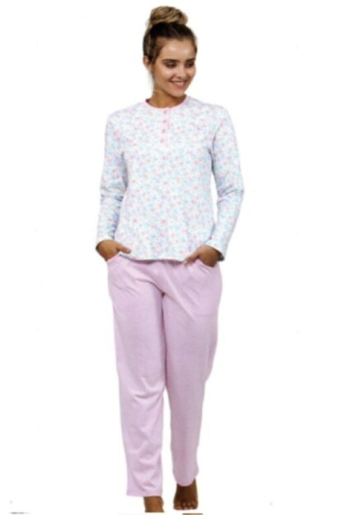 Çift Kaplan Kadın Pembe Desenli Çiçekli Pijama Takımı 7735