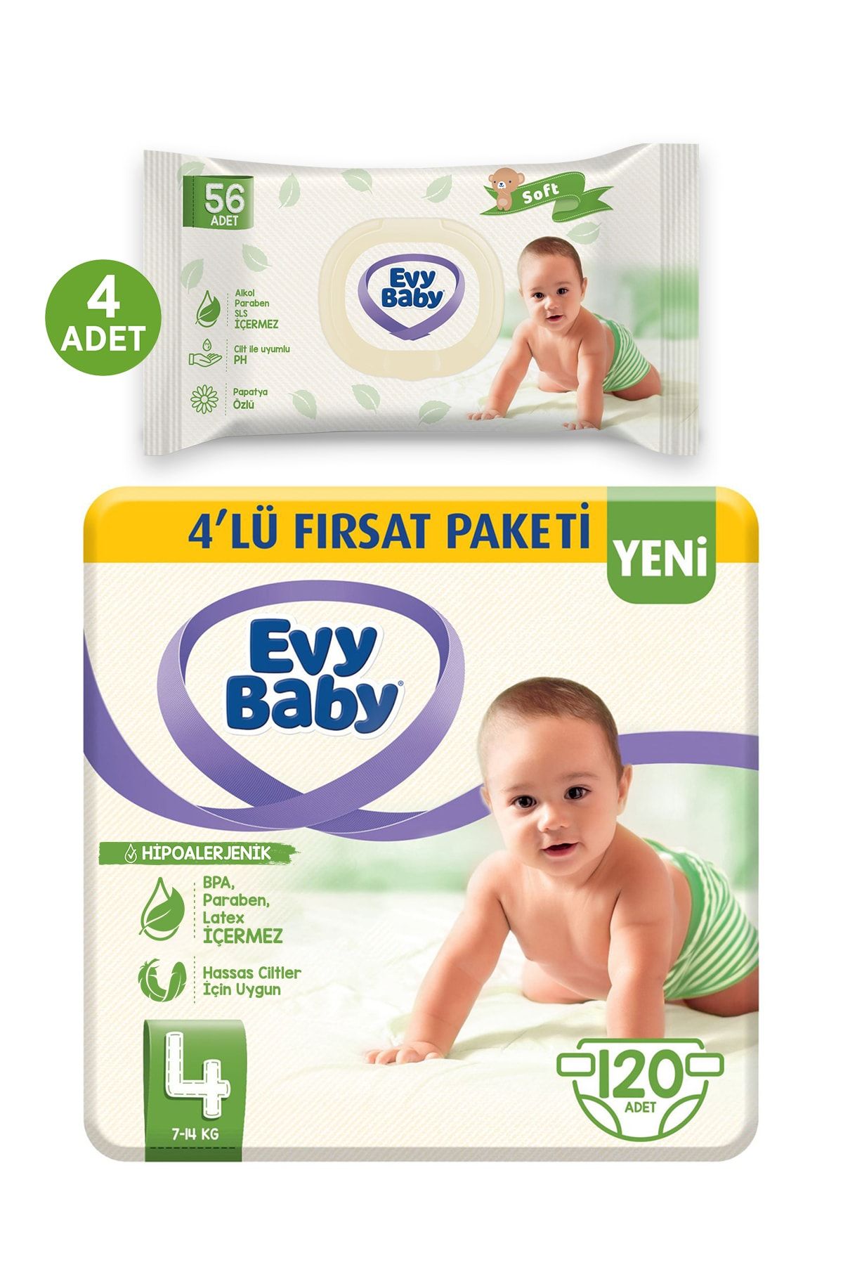Evy Baby Unisex Bebek Bezi 4 Beden Maxi 120 Adet Ve 4 Paket Islak Havlu