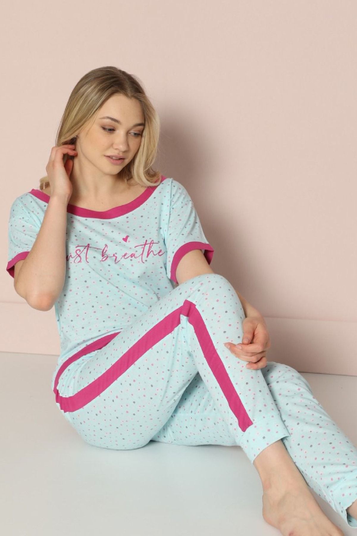 PİJAMAWOME Kadın Mavi Viskon Baskılı Kısa Kollu Pijama Takımı