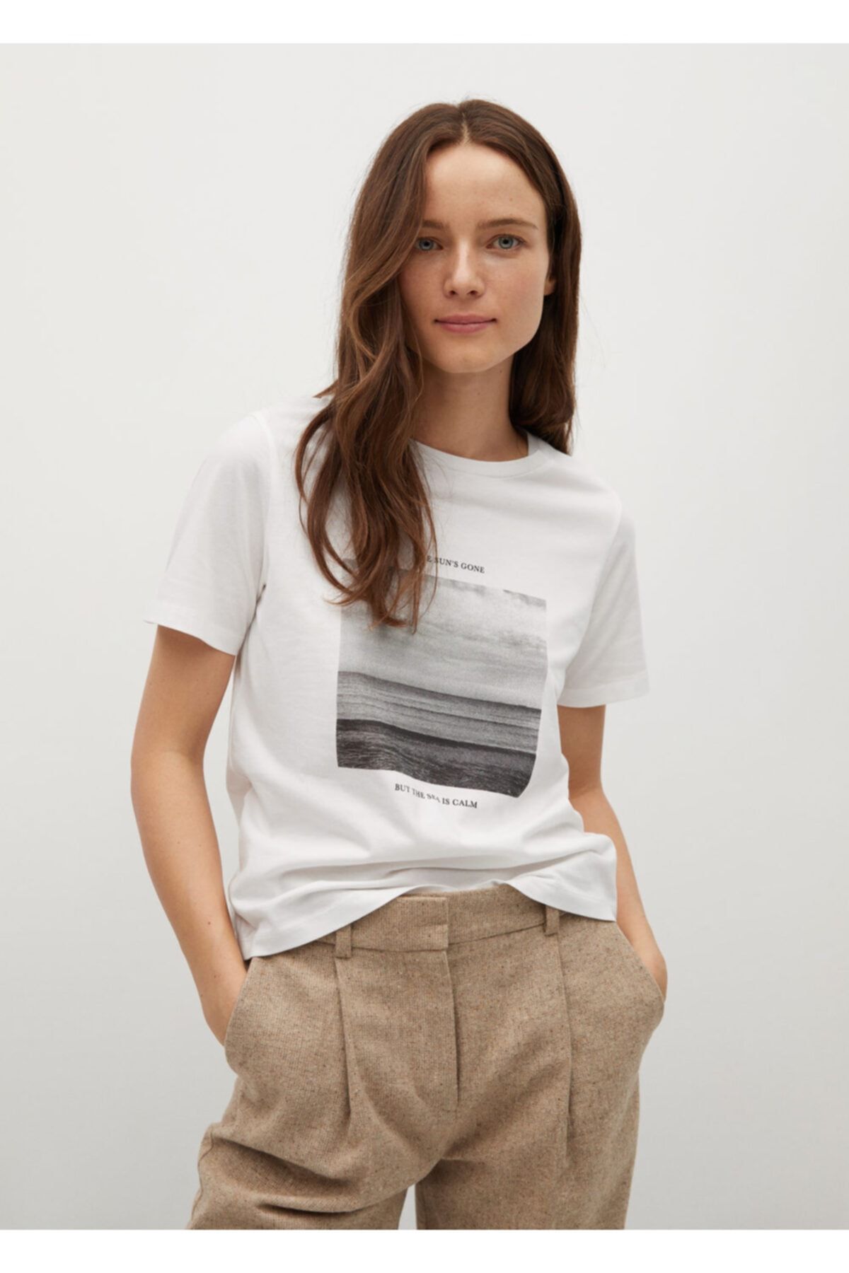 MANGO Kadın Beyaz Organik Pamuklu Desenli Tişört