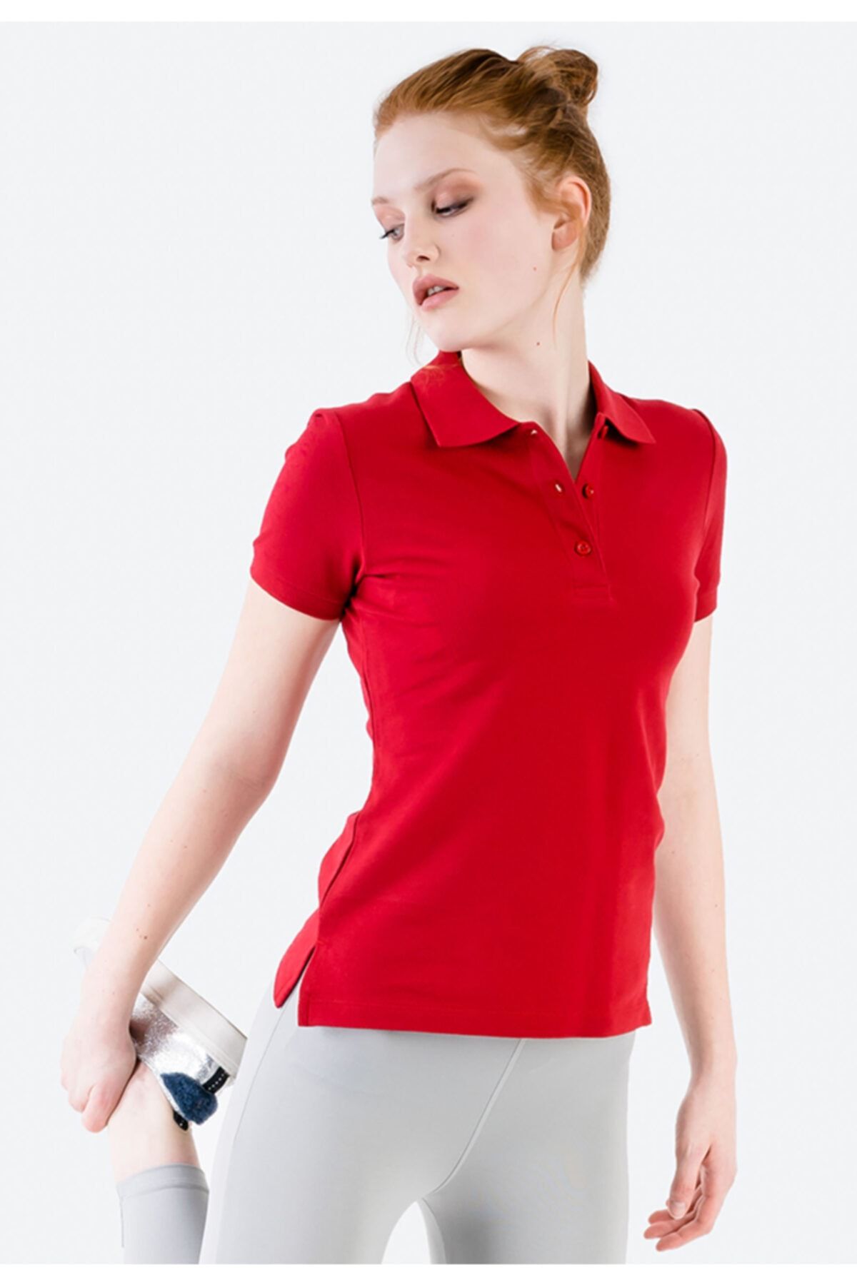 JAHR MARC Kadın Kırmızı Polo Yaka Yırtmaç Detaylı T-shirt