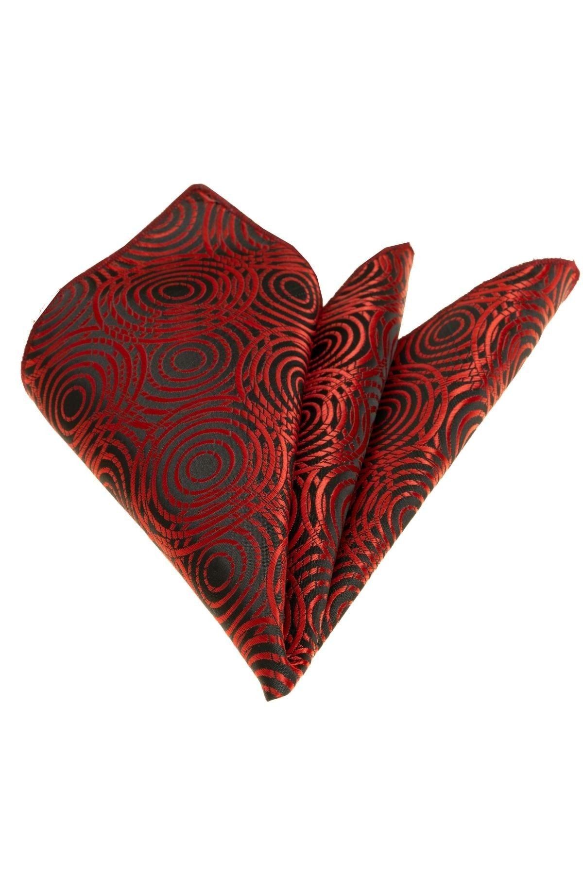 Exve Exclusive Erkek Kırmızı Siyah Dairesel Geometrik Desenli Cep Yaka Mendili
