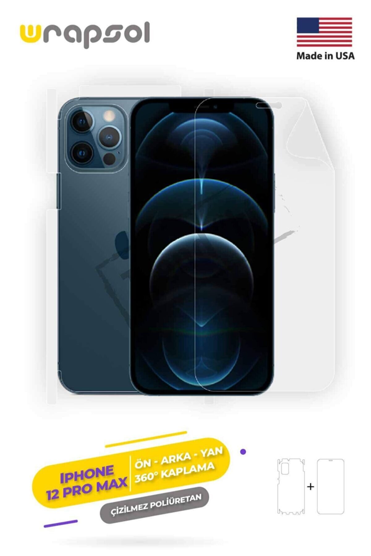 Wrapsol Iphone 12 Pro Max 360 ° Full Body Ekran Koruyucu Kaplama Ön Arka Yan Darbe Emici Poliüretan Film