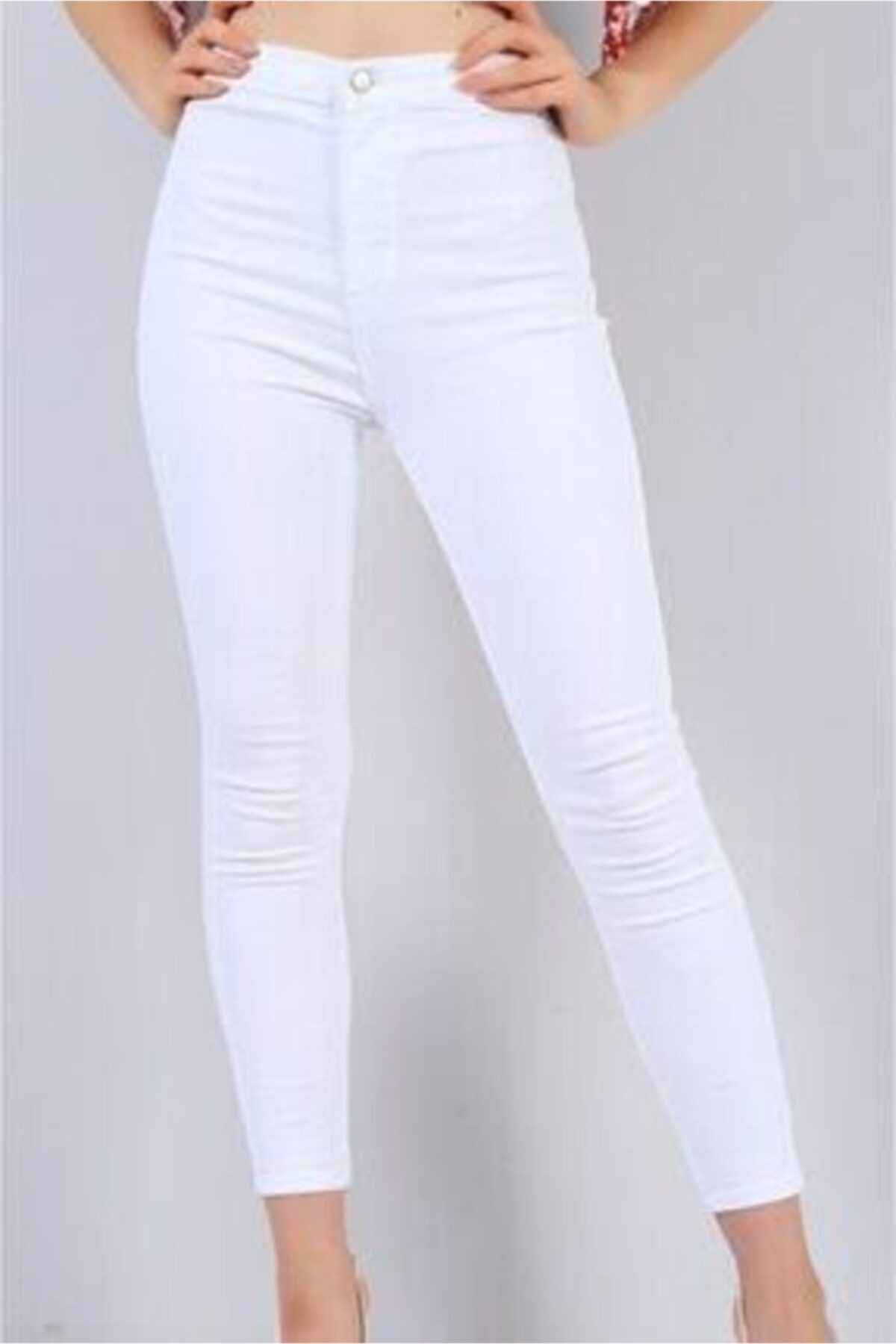 pasha fashion Tayt Modeli Beyaz Yüksek Bel Likrali Pantolon
