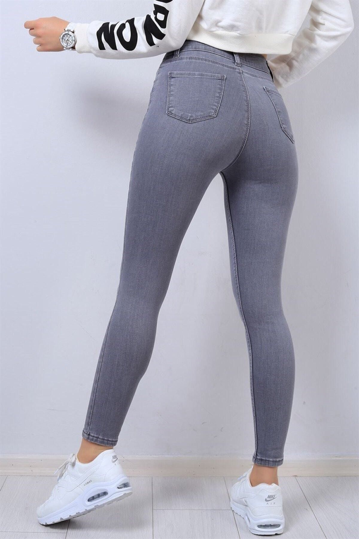 Ramrod Jeans Kadın Gri Dar Paça Yüksek Bel Kot Pantolon