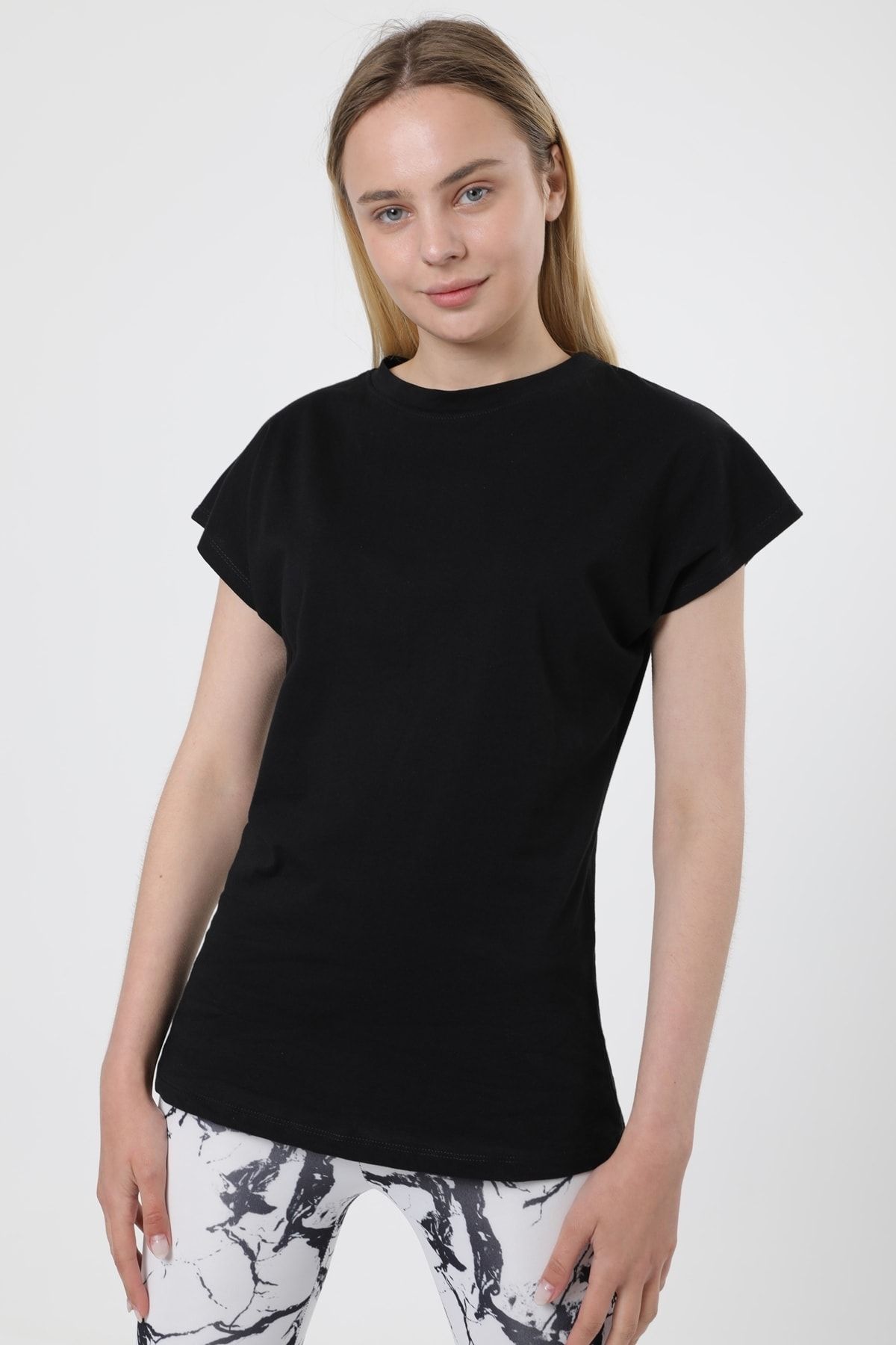 MD trend Kadın Siyah Yarasa Kol Pamuklu Basic Örme T-shirt