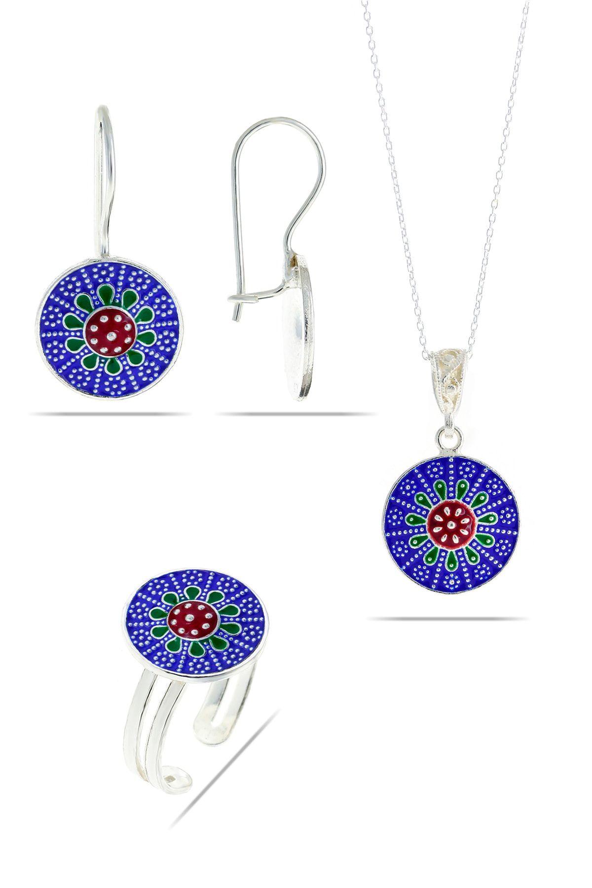 Artuklu Telkari 925 Ayar Saf Gümüş Mardin-midyat Hasırı Mine Işlemeli Gümüş 3'lü Set Takım