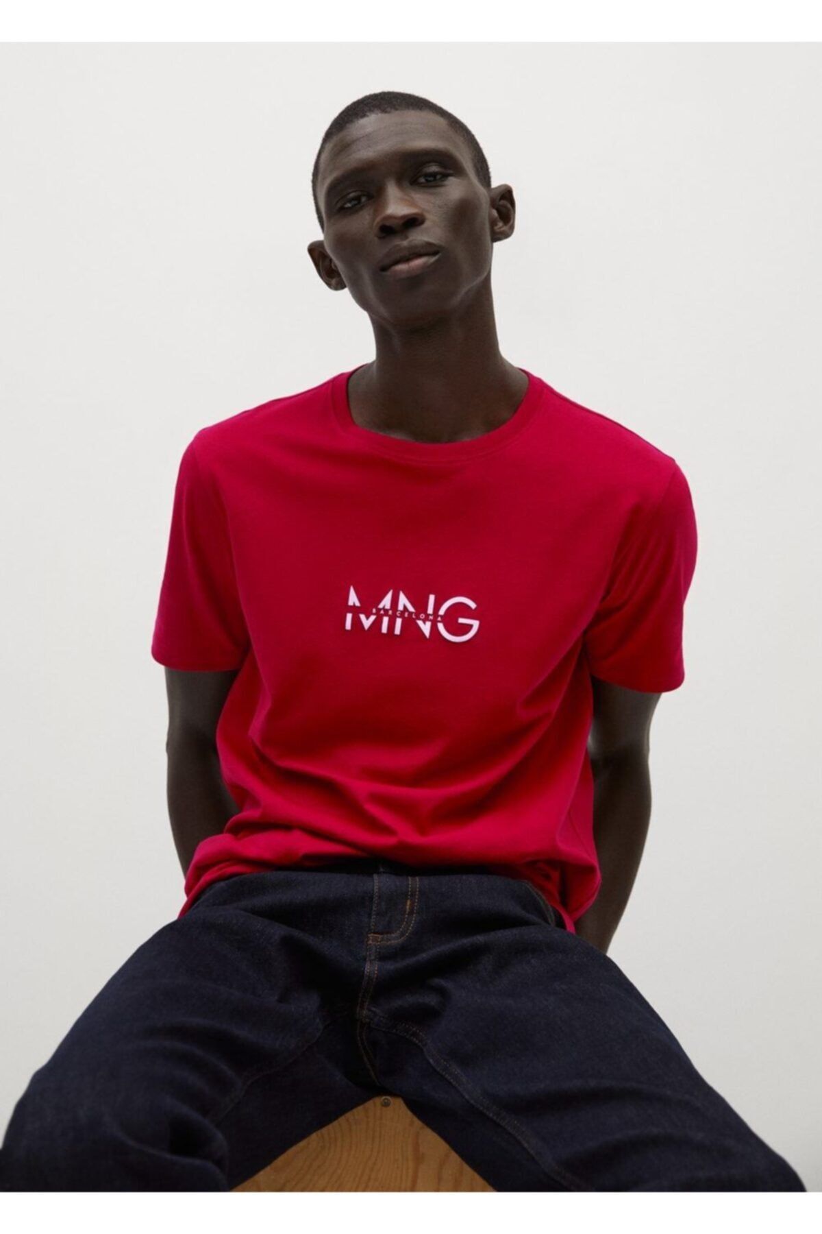 MANGO Man Erkek Kırmızı Organik Pamuklu Logolu Tişört