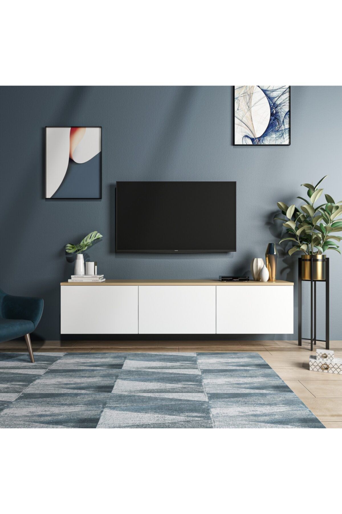 BMdekor Duvara Asma Neon Meşe Beyaz Tv Sehpası 160 cm