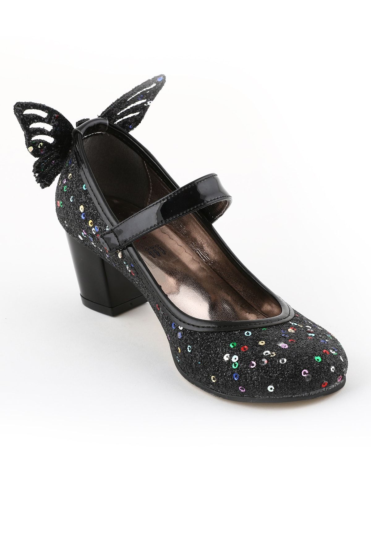 bunnyonthego Cam Kırığı Taş Işlemeli Kelebek Figürlü Siyah Renkli Topuklu Kız Çocuk Ayakkabı