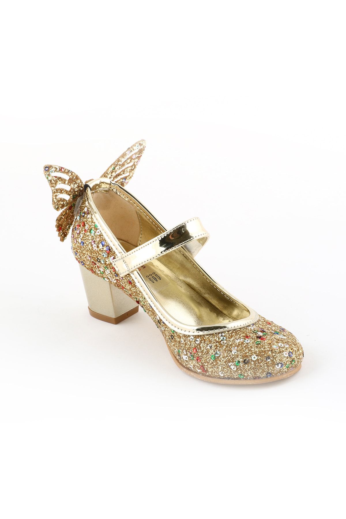 bunnyonthego Cam Kırığı Taş Işlemeli Kelebek Figürlü Altın Renkli Topuklu Kız Çocuk Ayakkabı