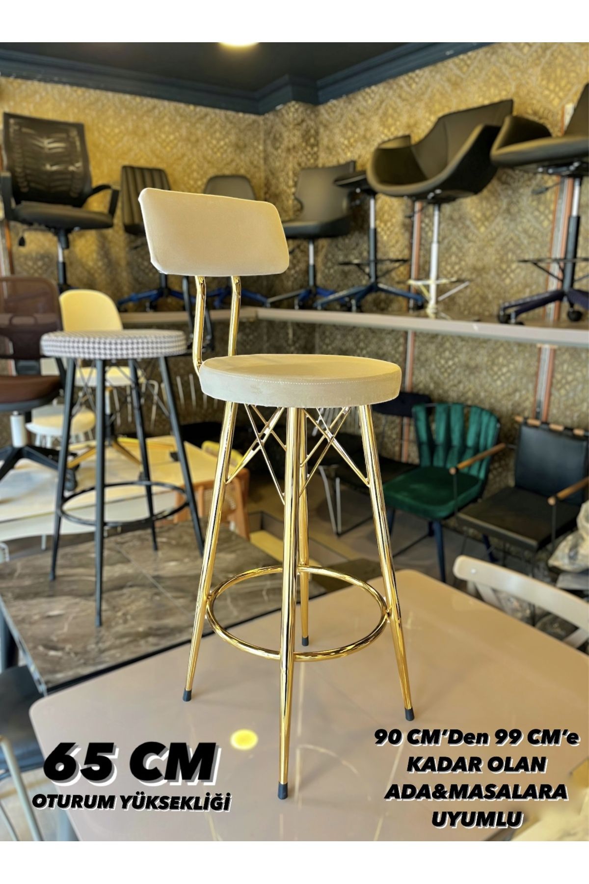 Sandalye Shop Yeni Mila Gold Bar Sandalyesi 65 cm Kırıkbeyaz Babyface.90 cm ile 99 cm arası Ada&Masalara uyumlu.