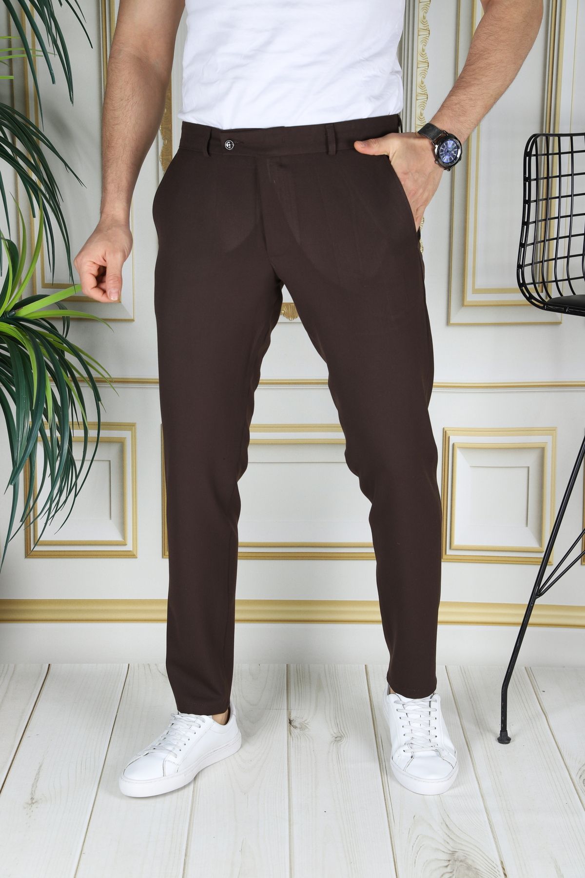 Bürke Erkek Kahverengi Renk Italyan Kesim Kaliteli Esnek Likralı Kumaş Bilek Boy Pantolon