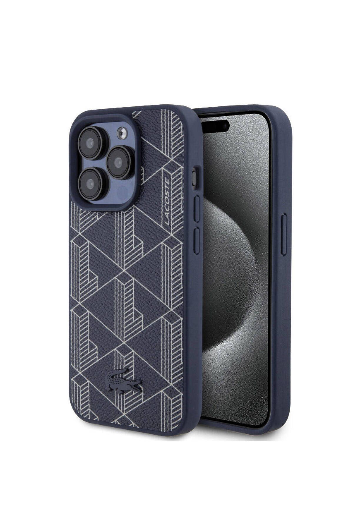 Lacoste iPhone 15 Pro Max Kılıf Lacoste Lisanslı Magsafe Şarj Özellikli PU Deri Görünümlü Lacivert