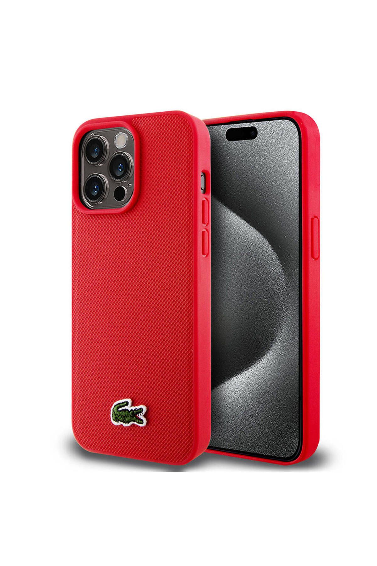 Lacoste iPhone 15 Pro Max Kılıf Lacoste Lisanslı PU Pike Desenli İkonik Timsah Dokuma Logo Kırmızı
