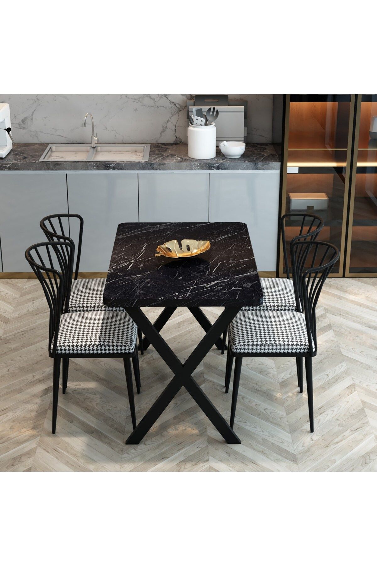 FurnatureDesign Yemek Masası Takımı X Ayaklı Yemek Masası 70x110 + 4 Adet Sandalye - Bendir