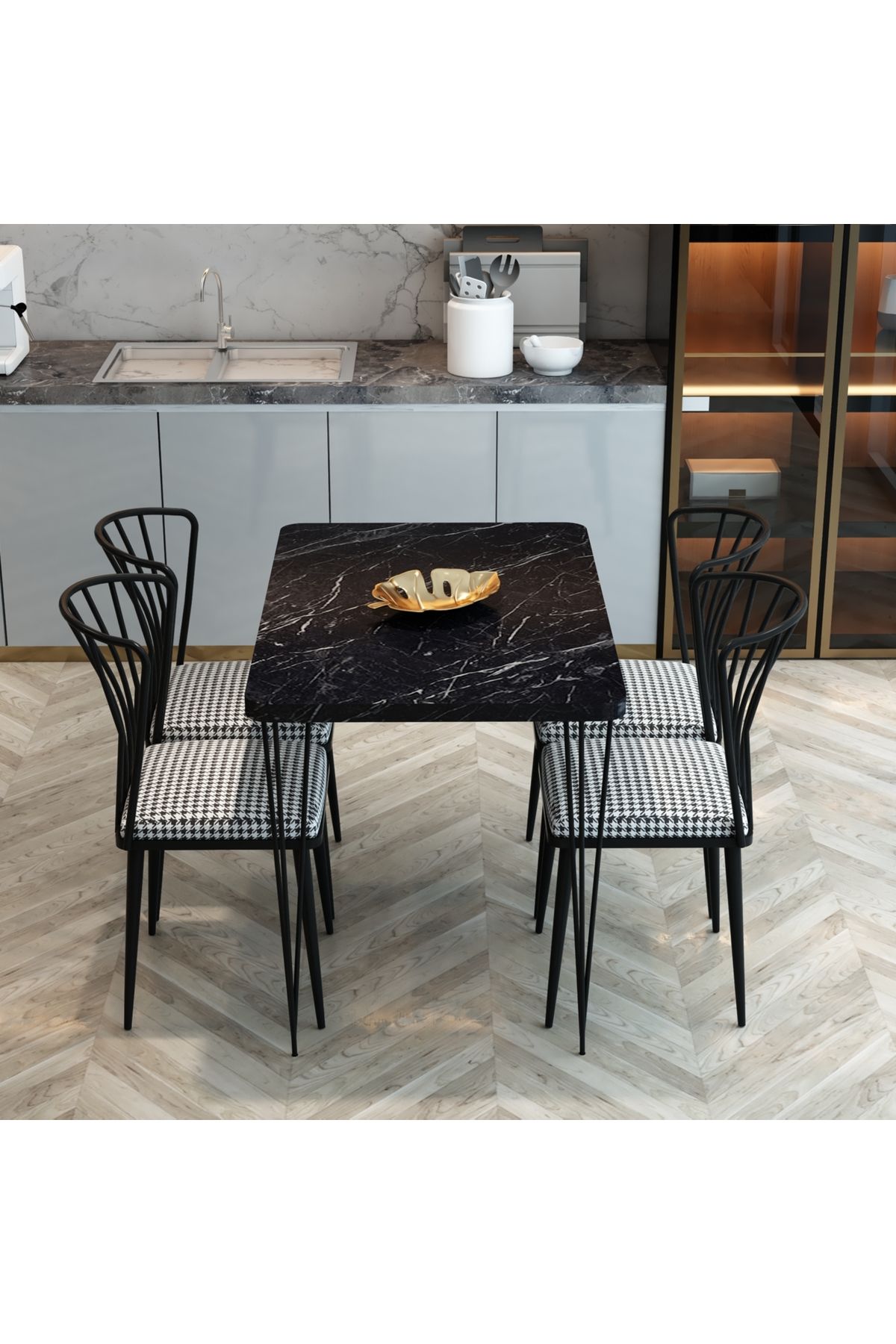 FurnatureDesign Yemek Masası Takımı 70x110 Piramit Ayaklı Yemek Masası + 4 Adet Sandalye - Bendir