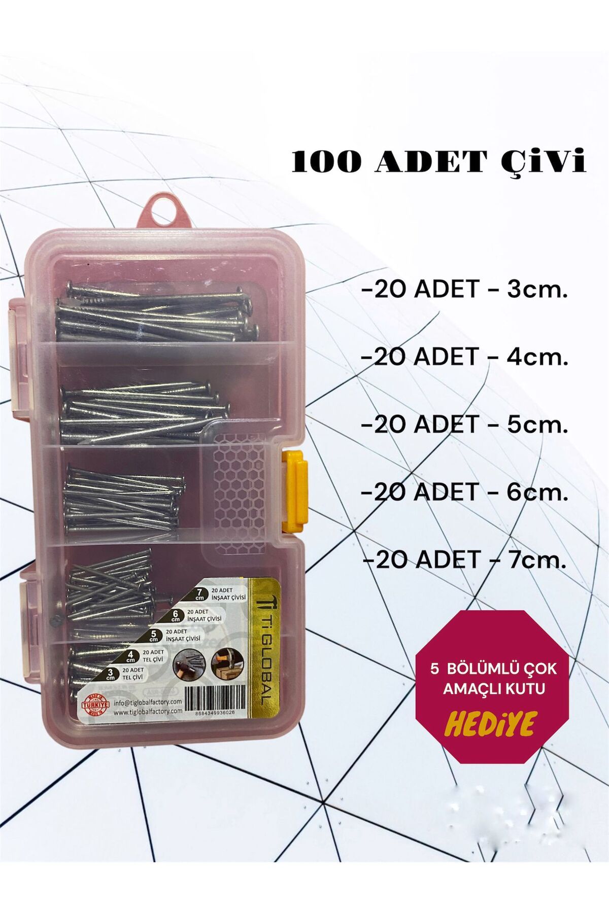 Ti Global Çivi Seti 100'lük Paket 20'li Karışık 3cm, 4cm, 5cm, 6cm, 7cm