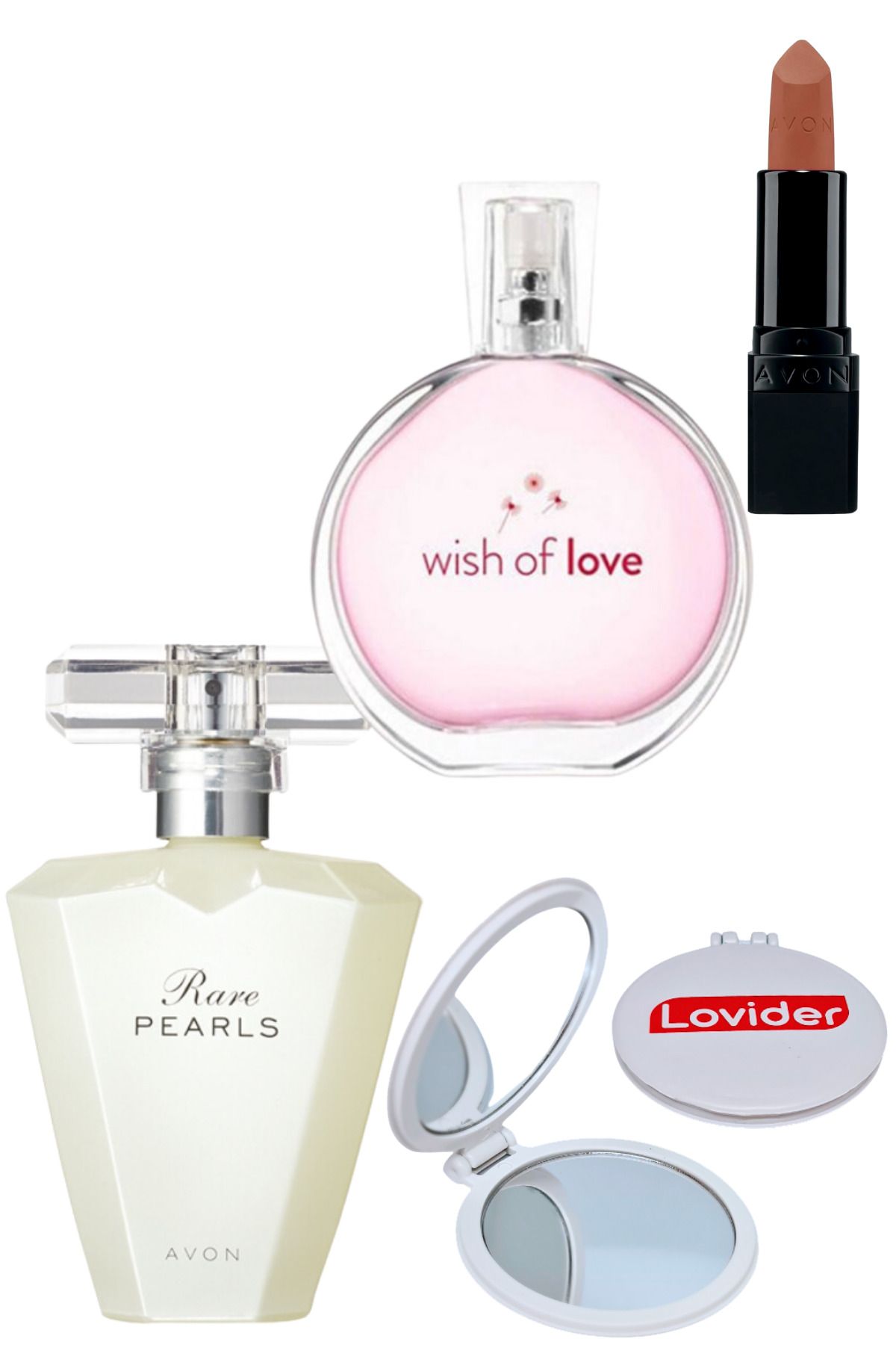 Avon Rare Pearls Kadın Parfüm + Wish Of Love Parfüm + Mat Ruj Marvellous Mocha + Lovider Cep Aynası