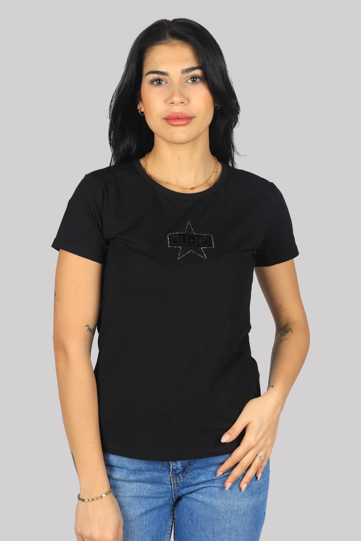 Liu Jo Kadın Logolu Kısa Kollu Pamuklu Siyah T-Shirt TA4136JS003-TT9987