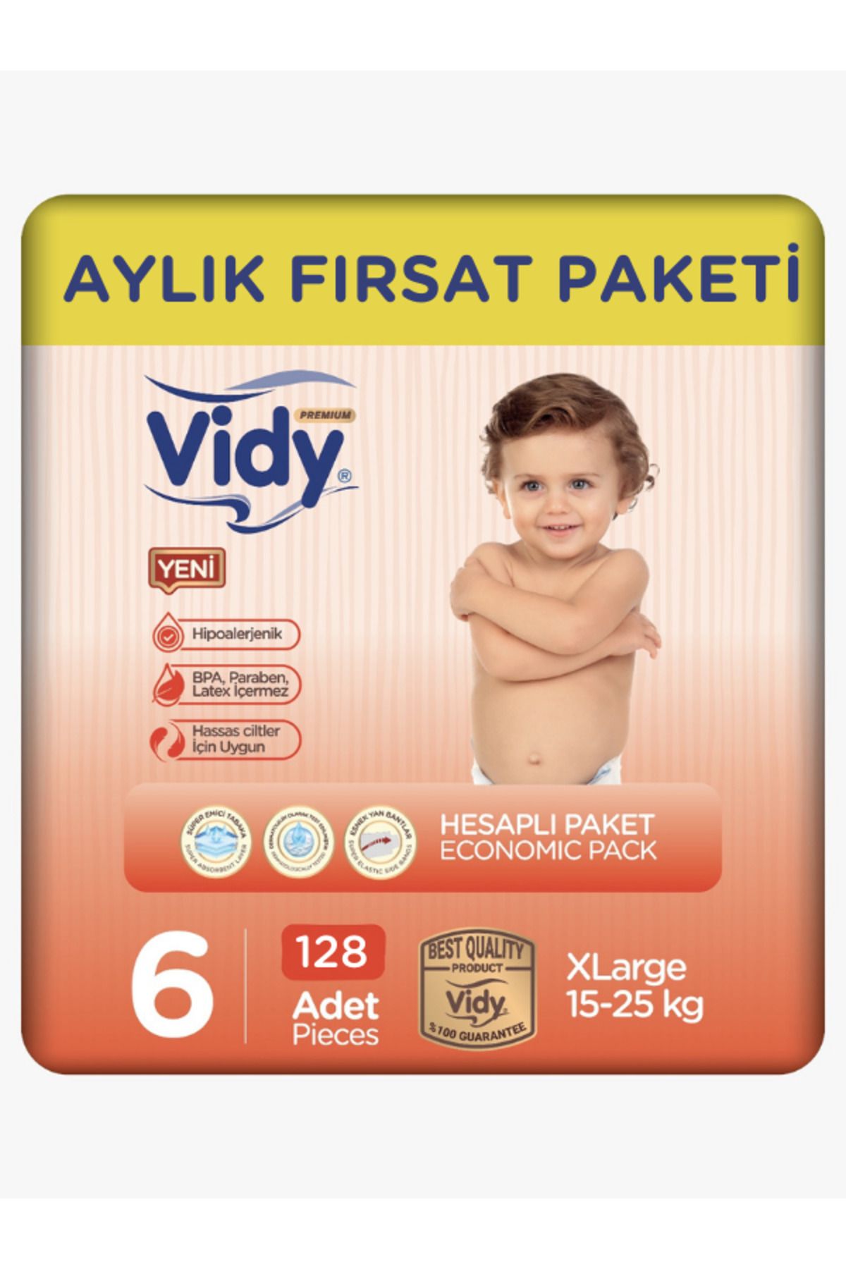 Vidy Bebek Bezi 6 Numara X-large Premium 128 Adet 32x4 Paket Ekonomik/15-25 Kg/ Sızdırmaz Hipoalerjenik