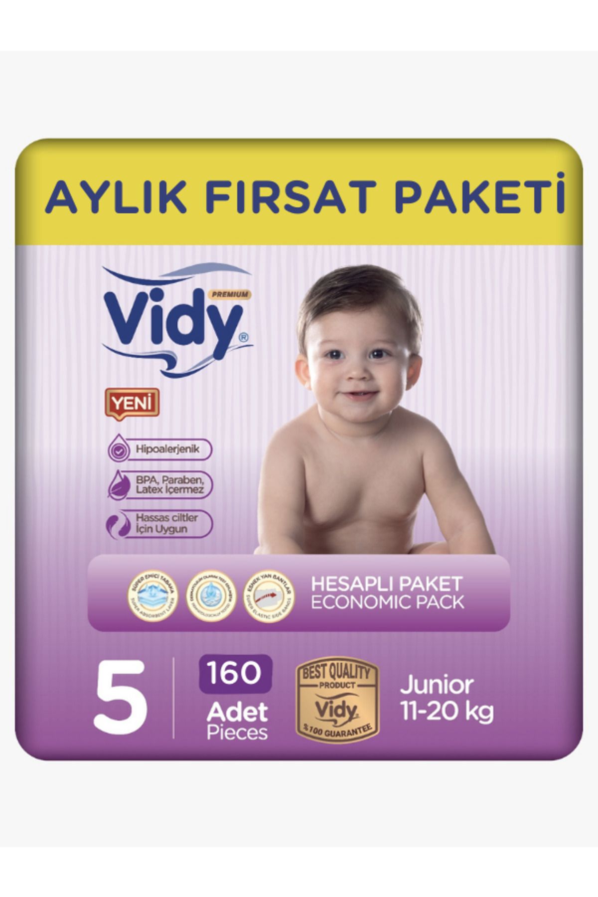 Vidy 5 Numara Bebek Bezi Junior Premium 160 Adet 40x4 Paket Ekonomik /11-20 Kg/sızdırmaz Hipoalerjenik