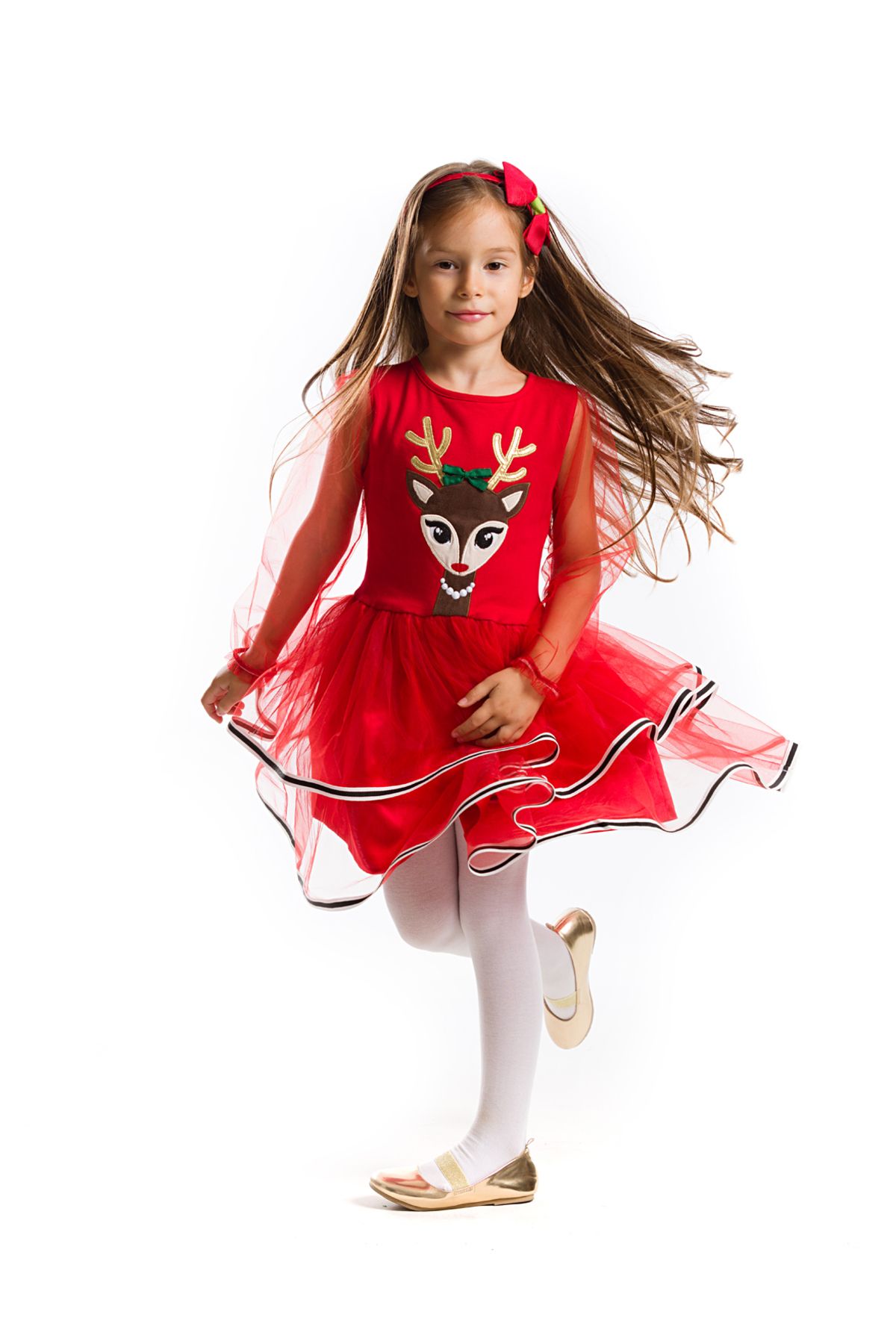 Denokids Tüllü Geyik Kız Kırmızı Yılbaşı Tütü Elbise