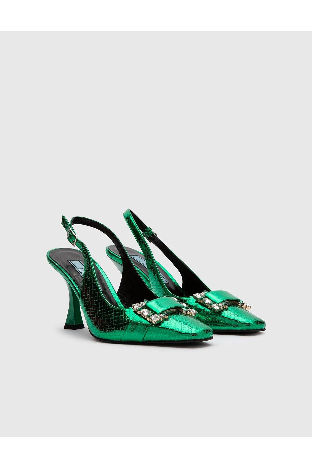 İlvi Patricia Hakiki Baskılı Deri Kadın Yeşil Topuklu Sandalet