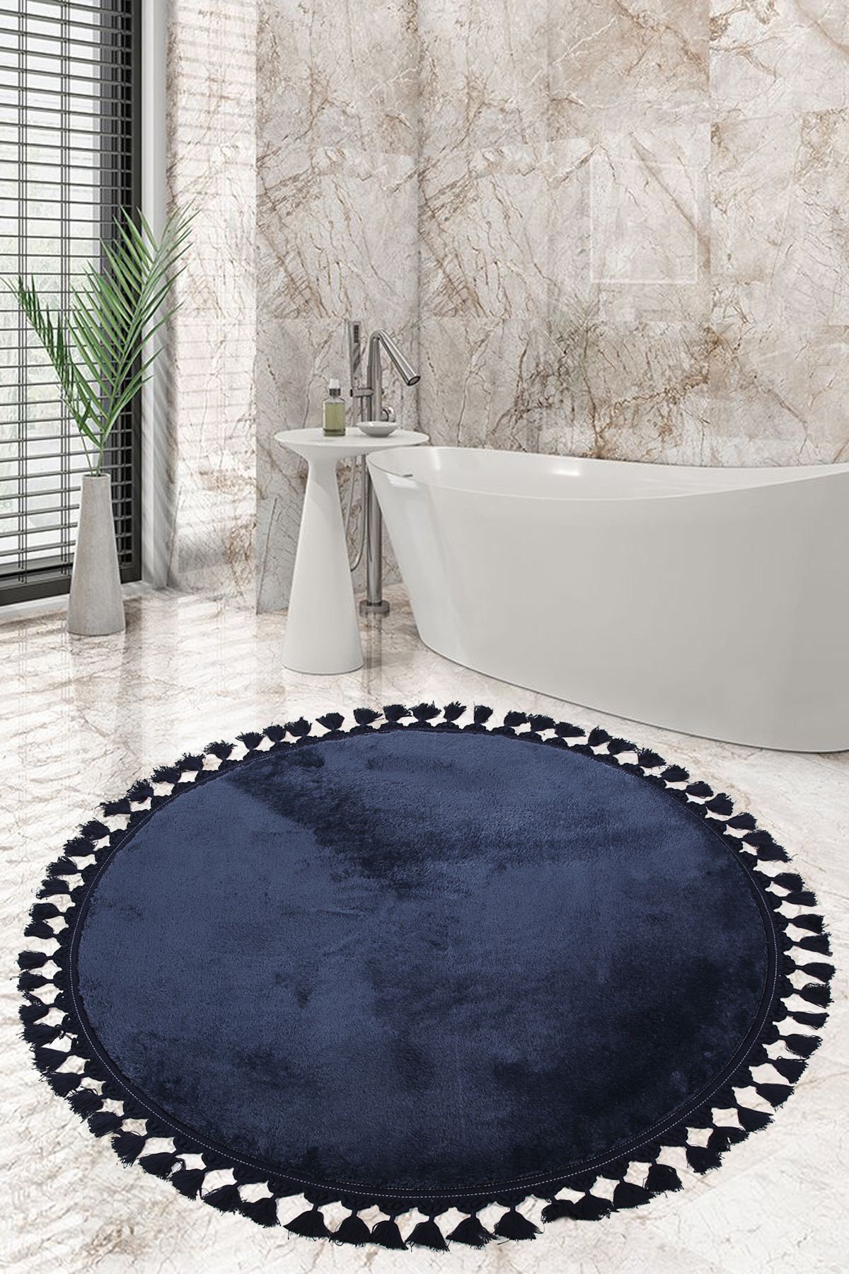 Bonny Home Relax Lacivert Yuvarlak 150x150 Cm Ponpon Saçaklı Kaymaz Tabanlı Makinede Yıkanabilir Banyo Paspası