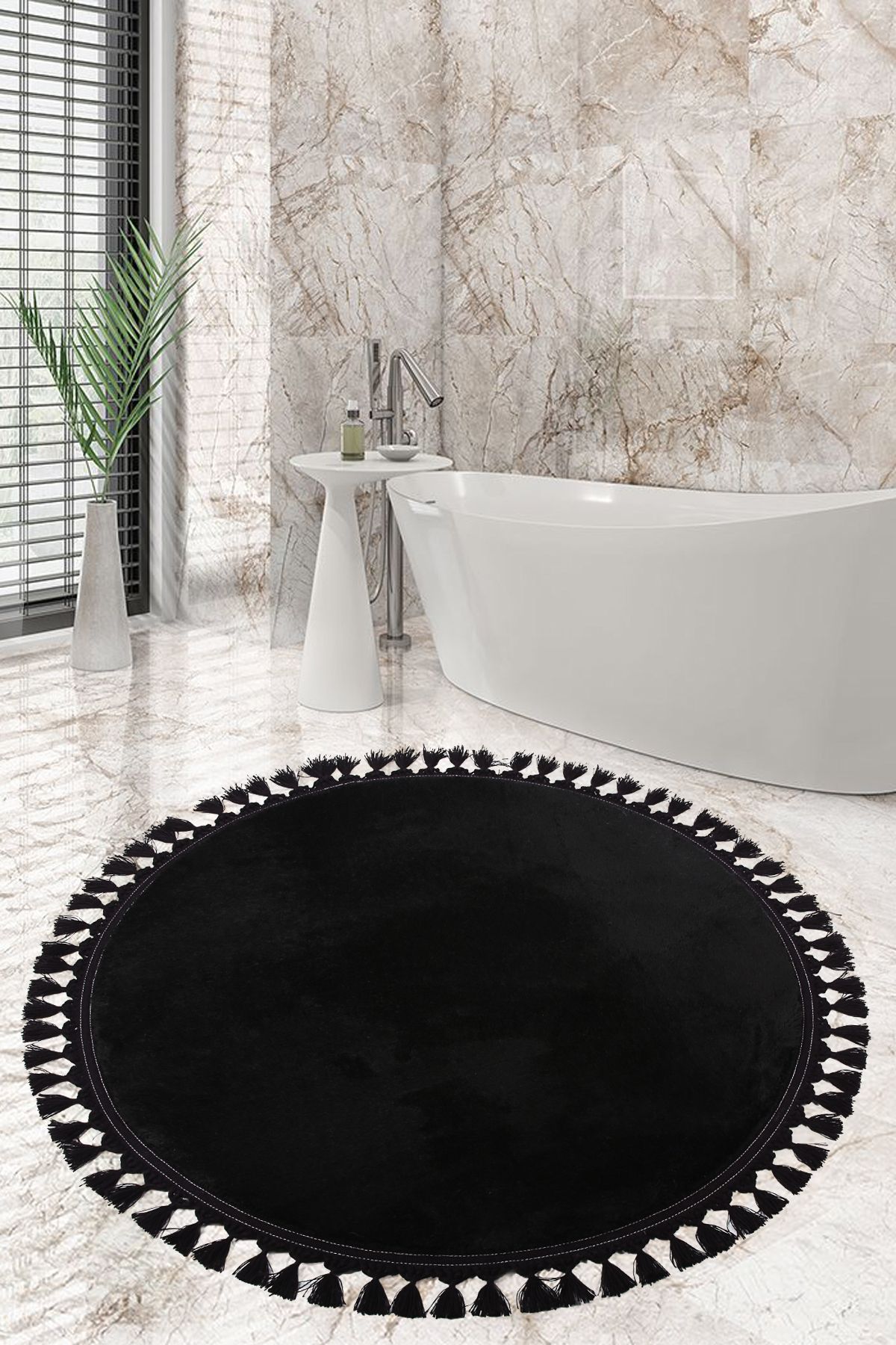Bonny Home Relax Siyah Yuvarlak 100x100 Cm Ponpon Saçaklı Kaymaz Tabanlı Makinede Yıkanabilir Banyo Paspası