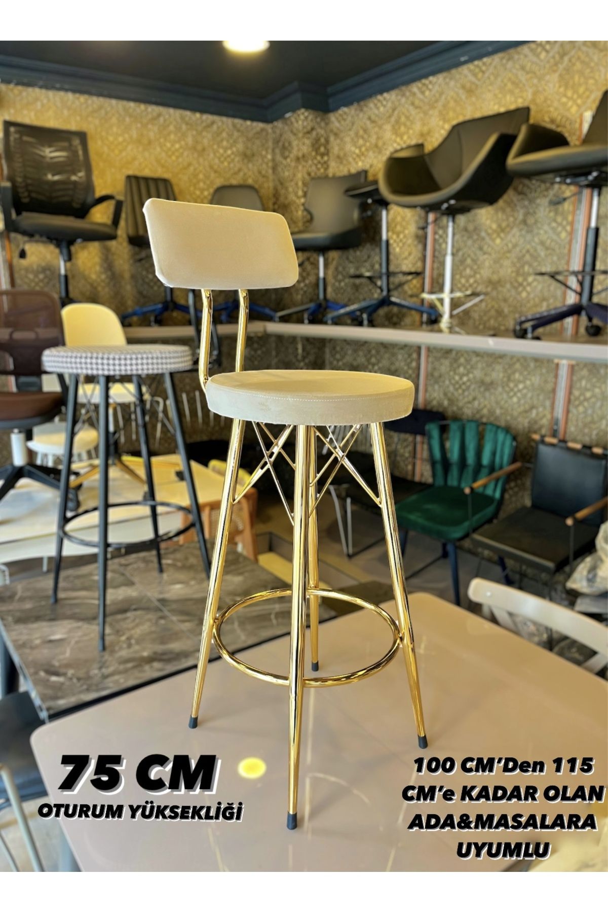 Sandalye Shop Yeni Mila Gold Bar Sandalyesi 75 cm Babyface Kumaş.100 ile 115 cm arası Ada&Masalara uyumlu