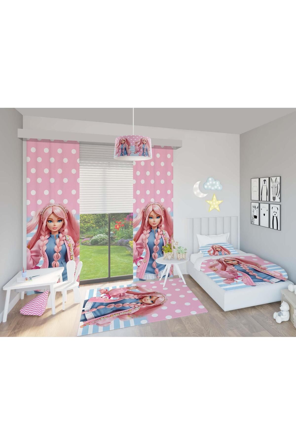 Chiron Baby Desenli Kız Bebek ve Çocuk Odası Seti (Perde, Yatak Örtüsü Seti, Halı, Çamaşır Sepeti, Abajur
