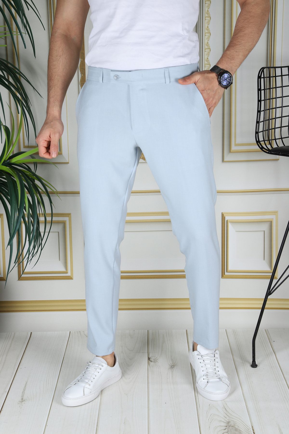 Bürke Erkek Buz Mavisi Renk Italyan Kesim Kaliteli Esnek Likralı Kumaş Bilek Boy Pantolon