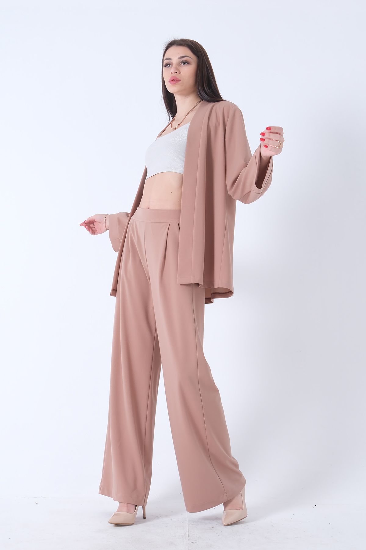 Feminist Kimono Pantolon İkili Krep Takım Koyu Bej 0106314