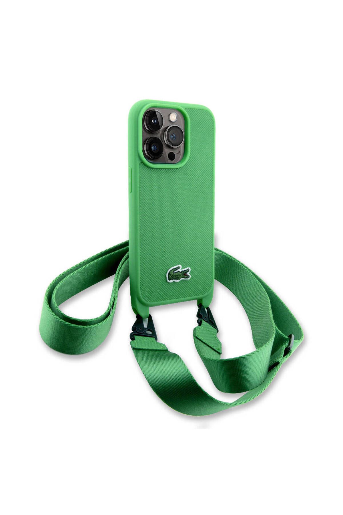Lacoste iPhone 14 Pro Max Kılıf Lacoste Lisans PU Pike Desen Askılı İkonik Timsah Dokuma Logo Yeşil