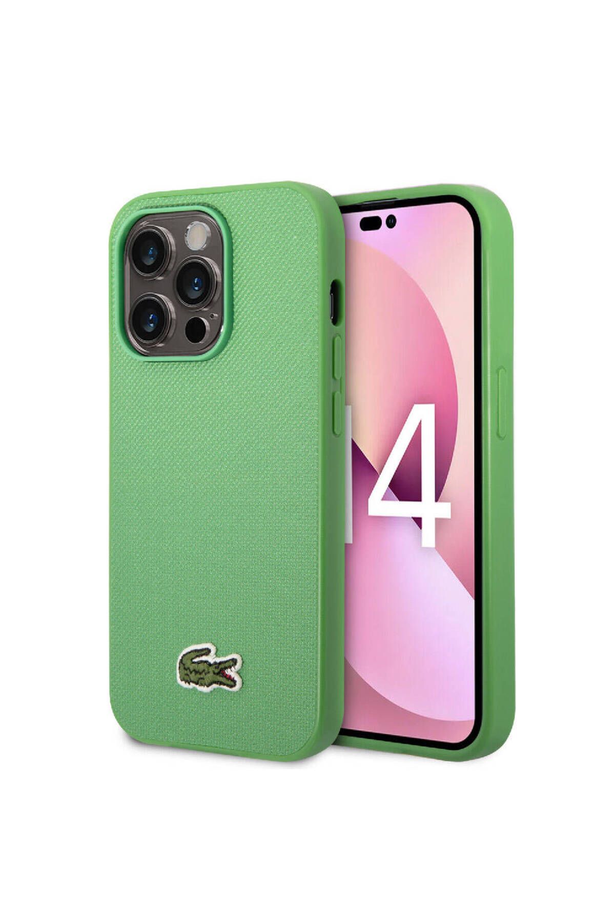 Lacoste iPhone 14 Pro Max Kılıf Lacoste Lisanslı PU Pike Desenli İkonik Timsah Dokuma Logolu Yeşil