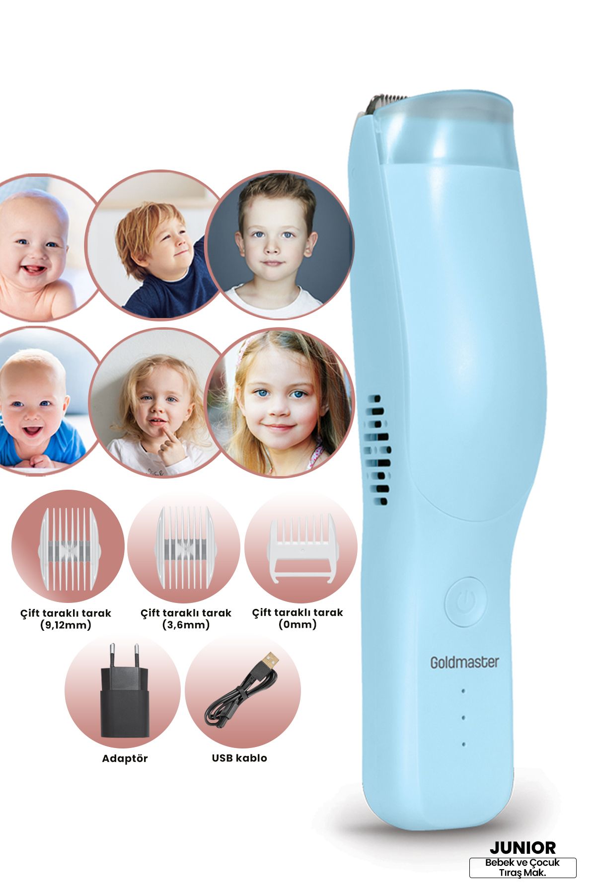 GoldMaster Junior Vakumlu Sessiz Emniyet Kilitli Yıkanabilir Bebek Çocuk Saç Kesme ve Tıraş Makinesi