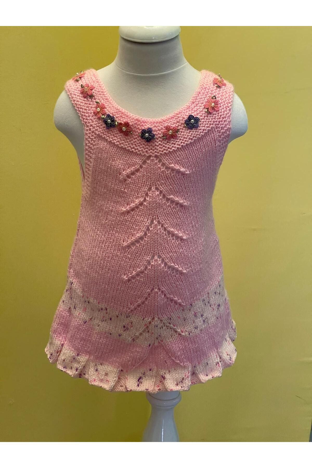 Gönülden Tasarım El Örgüsü 2/3 Yaş Kız Çocuk Triko Örme Elbise Bebek Elbise Çiçekli Elbise