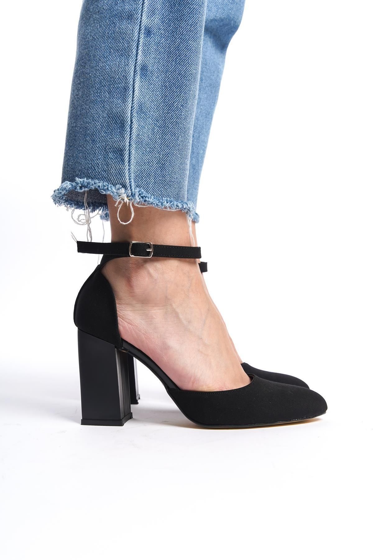 Gökhan Talay Kadın Stiletto Yuvarlak Burun Kalın Topuklu Ayakkabı Siyah Süet Mat Hope