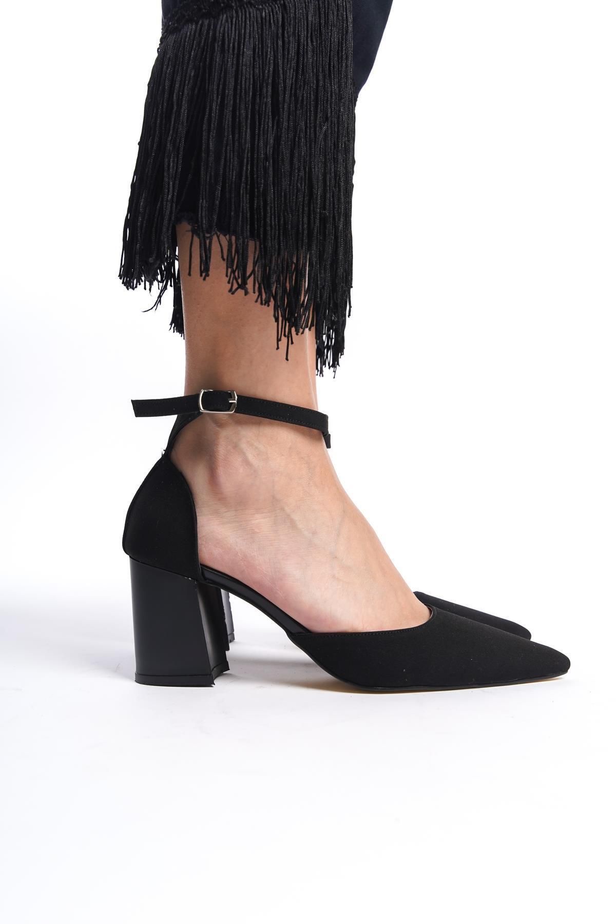 Gökhan Talay Kadın Stiletto Sivri Burun Kalın Topuklu Ayakkabı Siyah Süet Mat Olivia