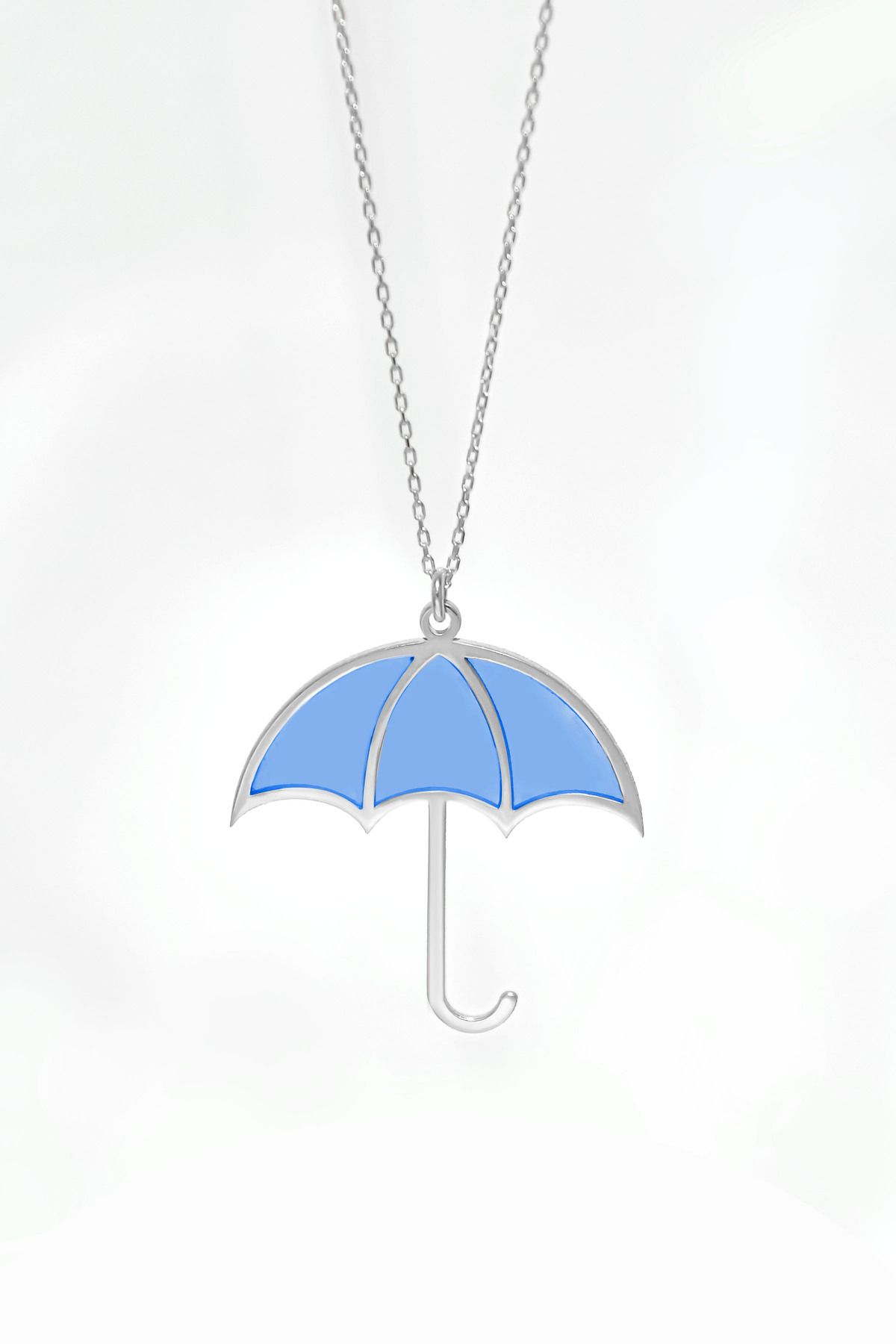 Papatya Silver 925 Ayar Gümüş Rodyum Kaplama Parlayan Rüya Serisi Tasarım Ebruli Mavi Cam Boyalı Şemsiye Kolye