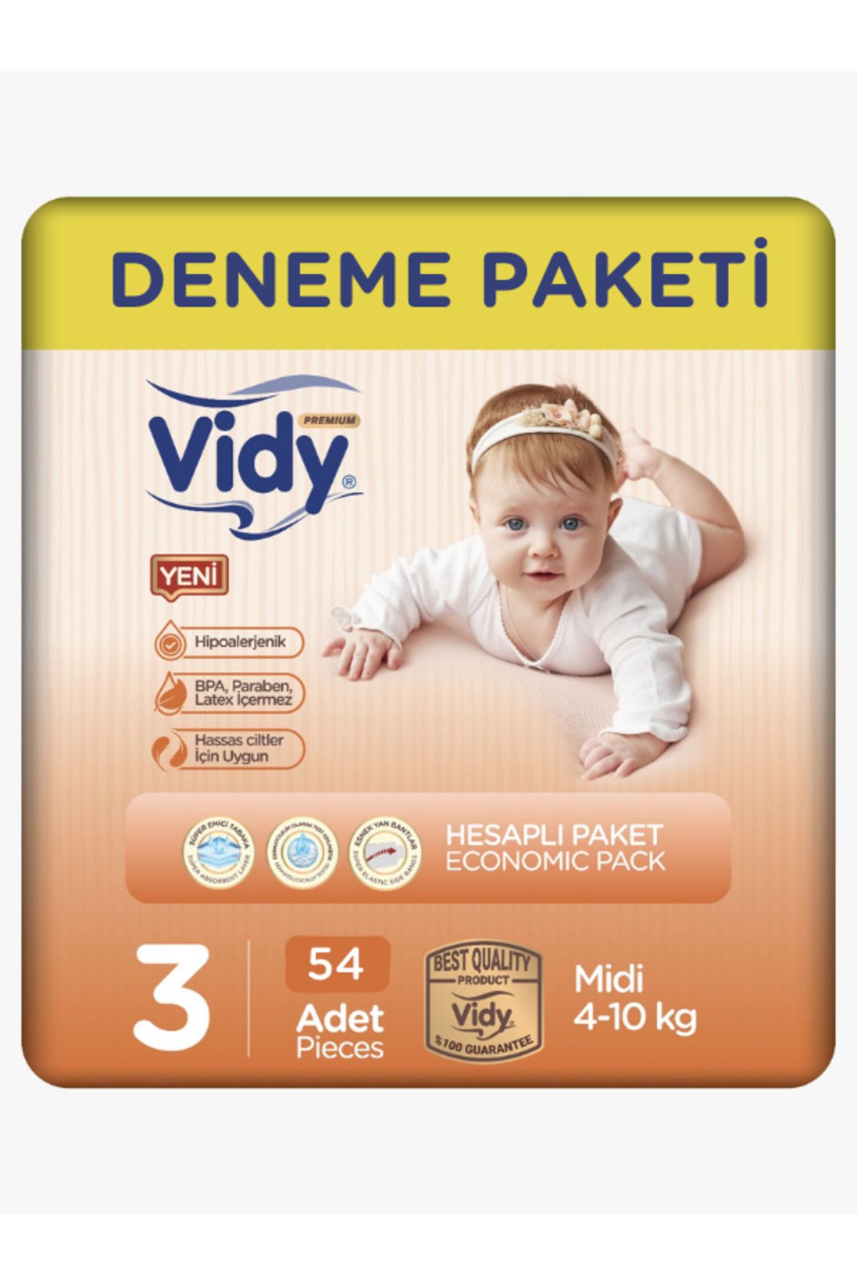 Vidy 3 Numara Bebek Bezi Midi Premium 54 Adet Jumbo Ekonomik/4-10 Kg/ Sızdırmaz Emici Hipoalerjenik