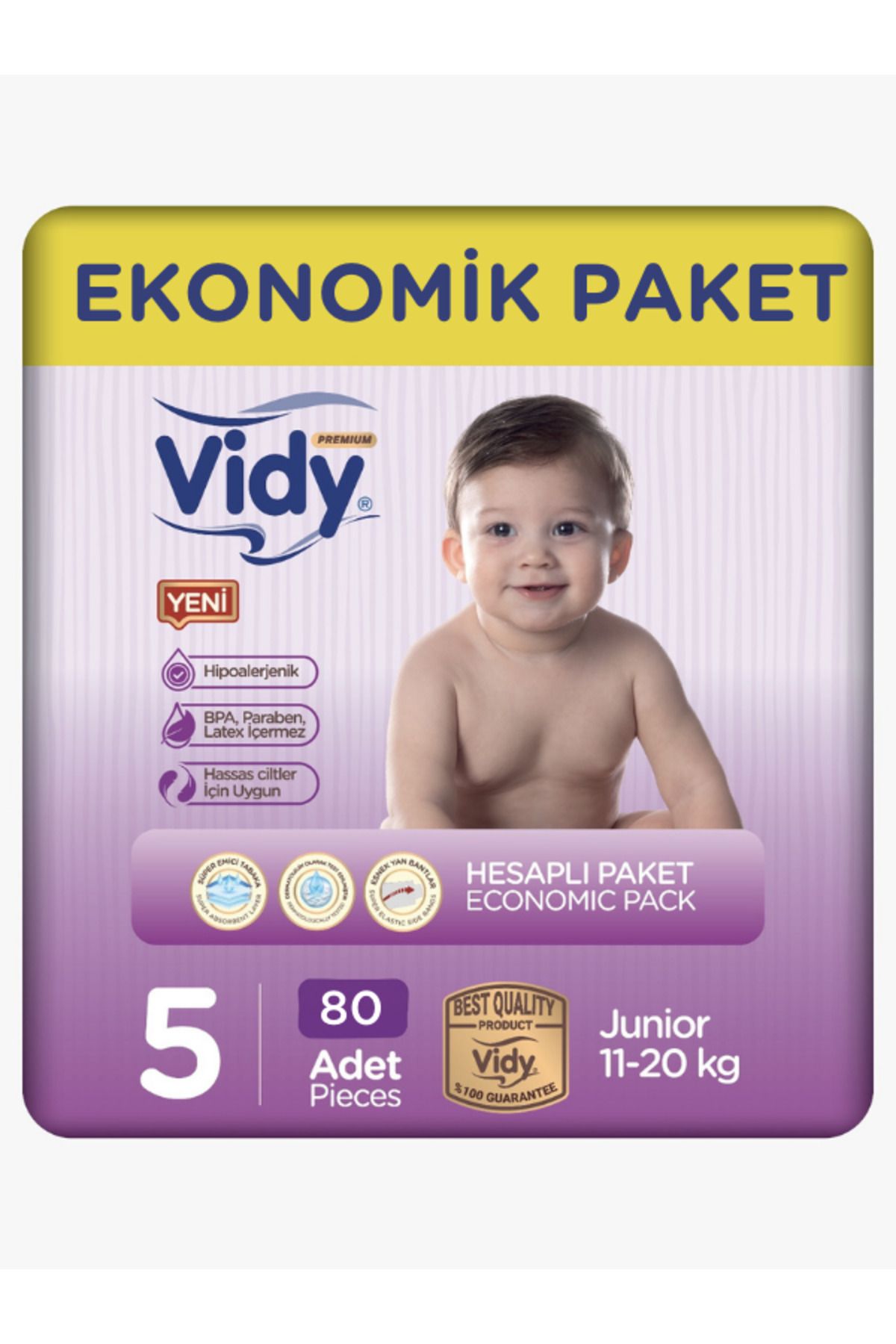 Vidy 5 Numara Bebek Bezi Junior Premium 80 Adet 40x2 Paket Ekonomik /11-20 Kg/sızdırmaz Hipoalerjenik