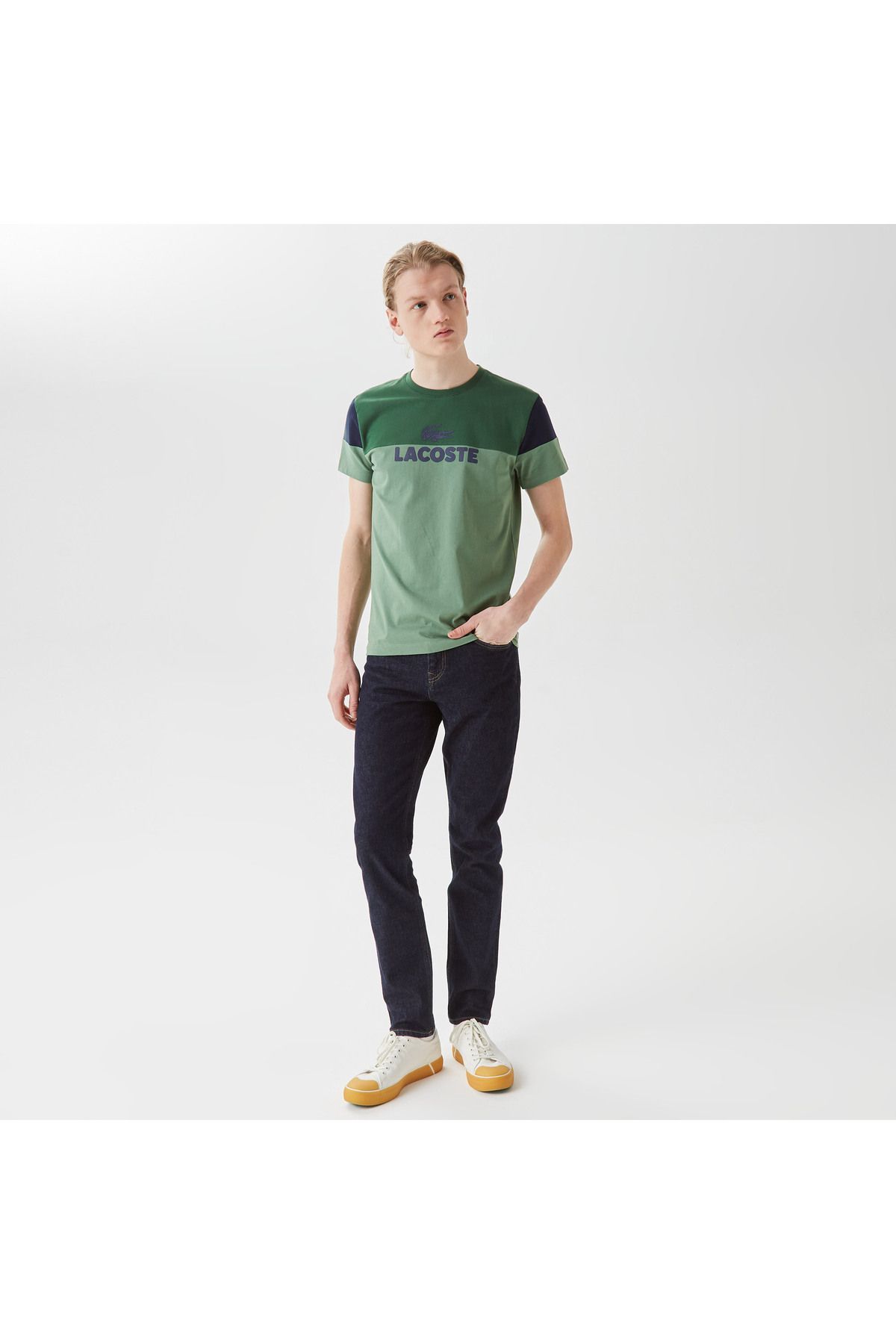 Lacoste Erkek Slim Fit Bisiklet Yaka Renk Bloklu Yeşil T-shirt