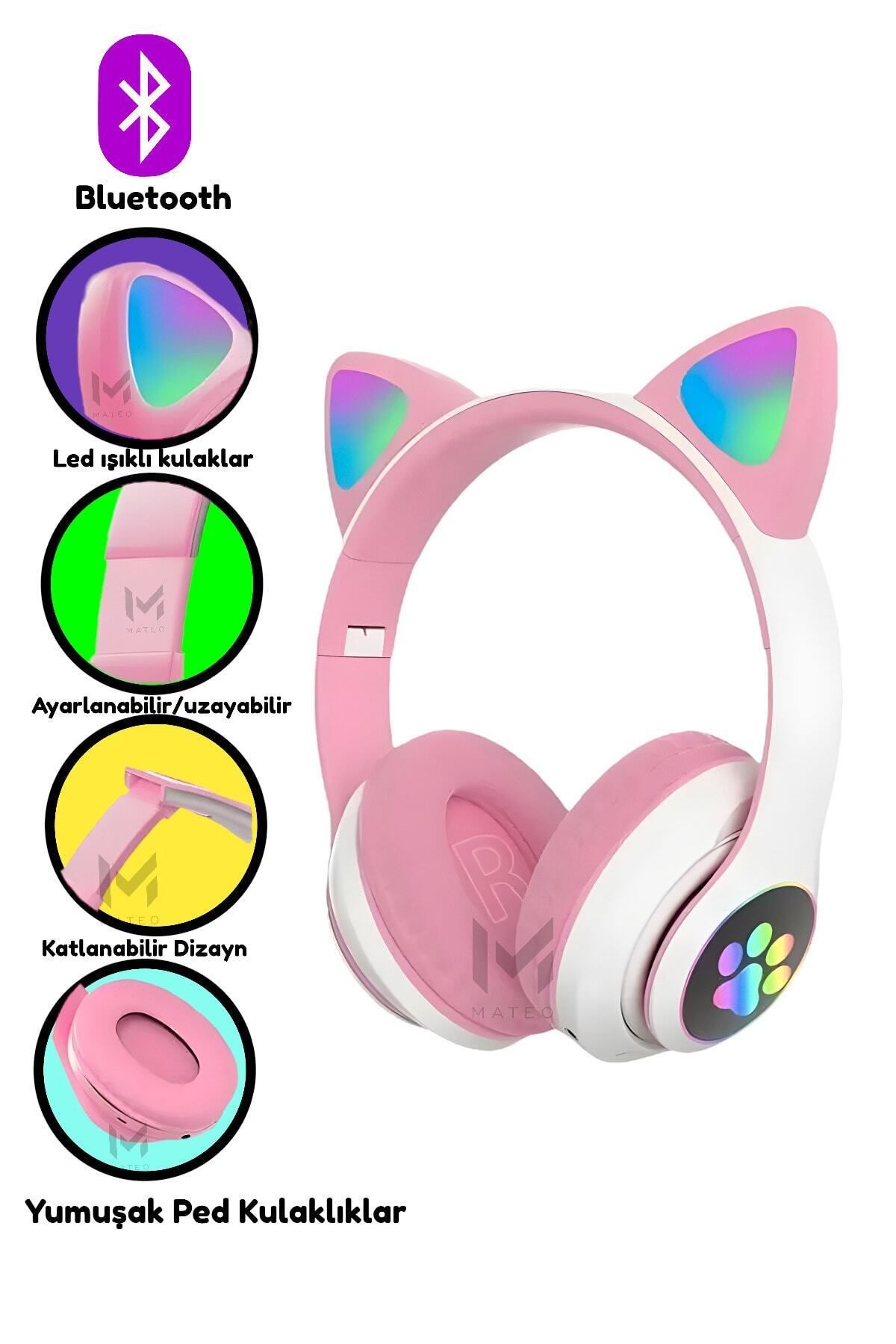 MATEO Kablosuz Bluetooth 5.0 Led Işıklı Kedi Kulağı Detaylı Kulaklık Hediye 8d Stereo Hd Ses Kedicik