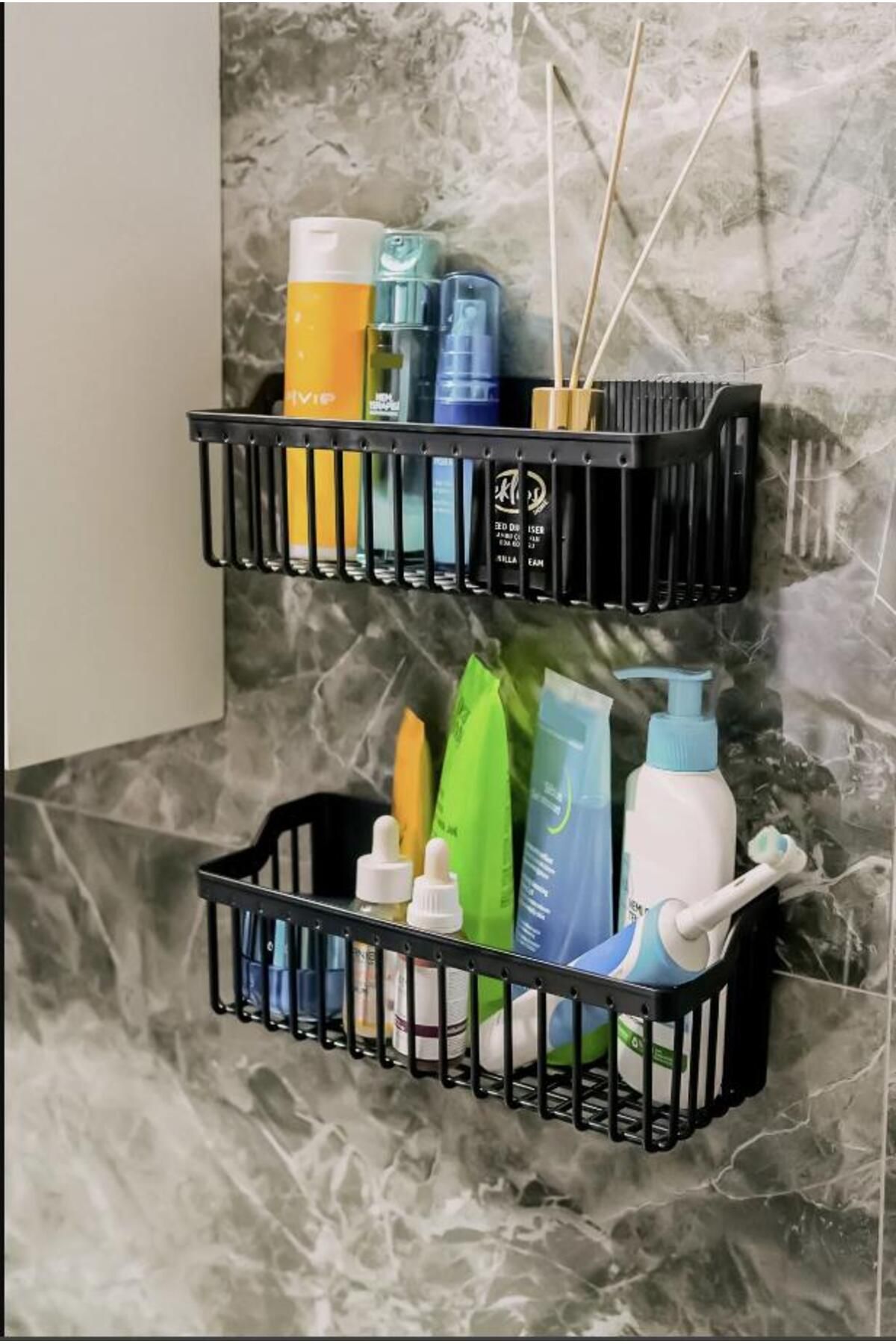 Hayveys 2'Li Yapışkanlı Dolap İçi Düzenleyici Mutfak Banyo Duş Rafı Organizer Şampuanlık, Siyah Plastik