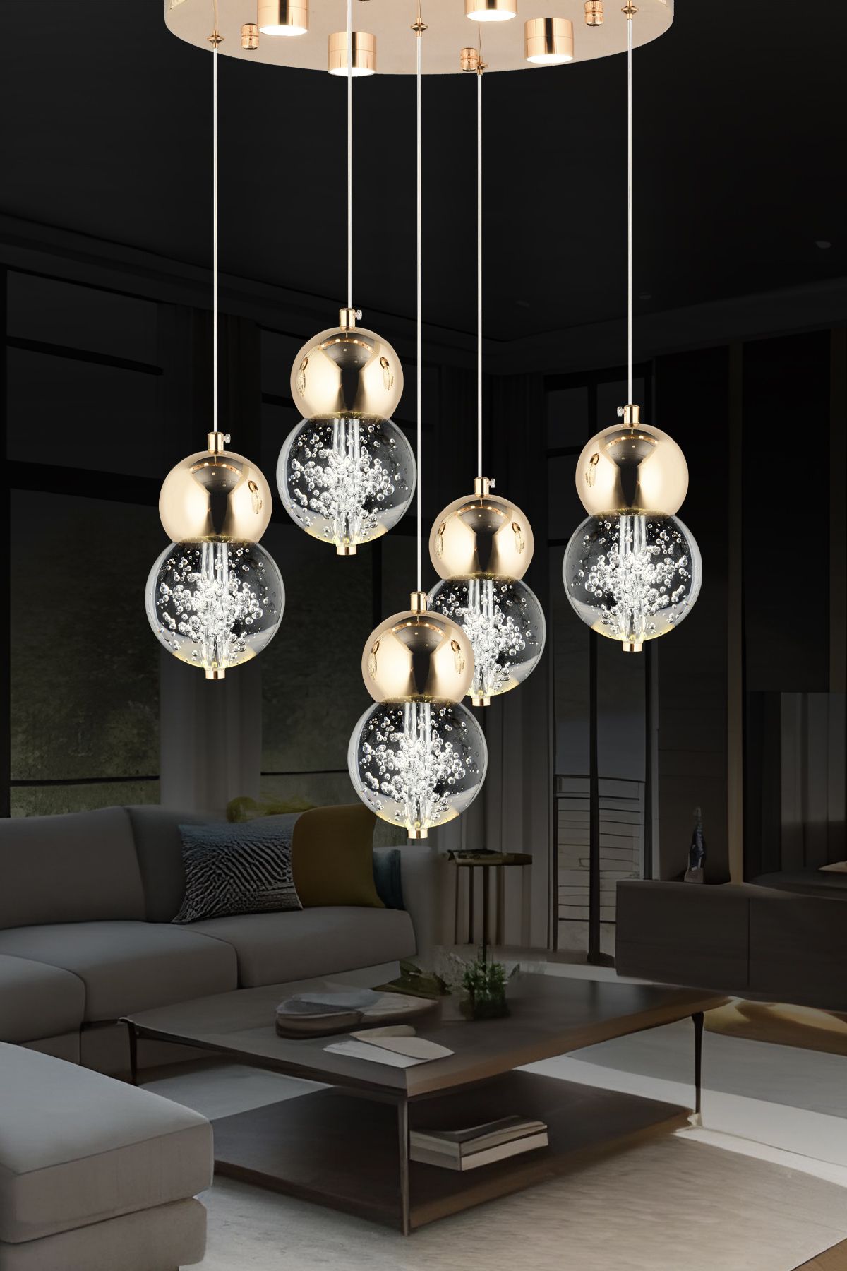 Apliqa Sasha 5'li Yuvarlak 3 Renkli 57 Watt Gold Kristal Ledli Modern Oturma Odası Salon Sarkıt Avize