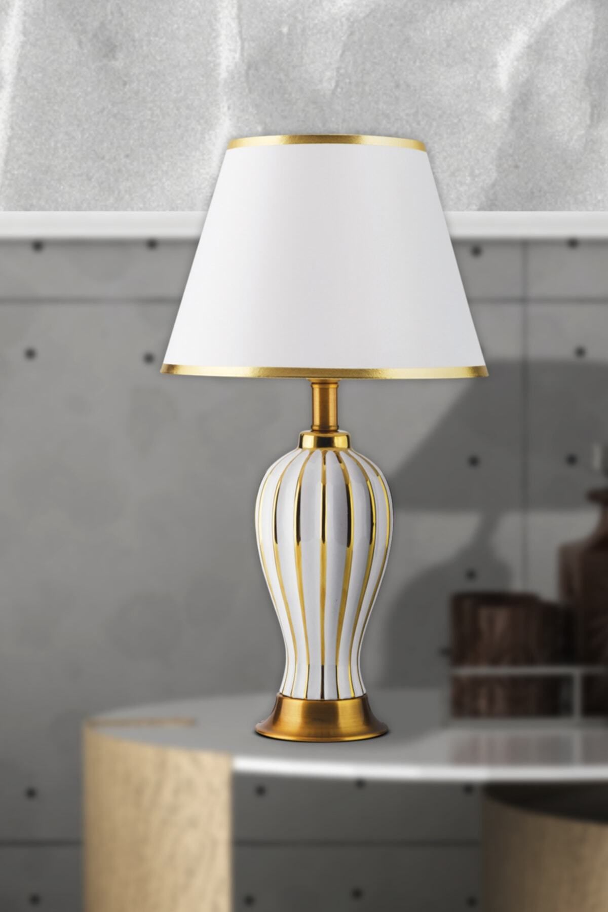 Apliqa Baver Gold Beyaz Seramik Modern Salon-Yatak Odası Tasarım Abajur